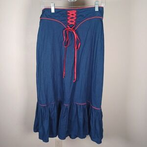 Miss Rodeo America Tiered Maxi Skirt Western Indigo Chambray Corset Lace Ruffle